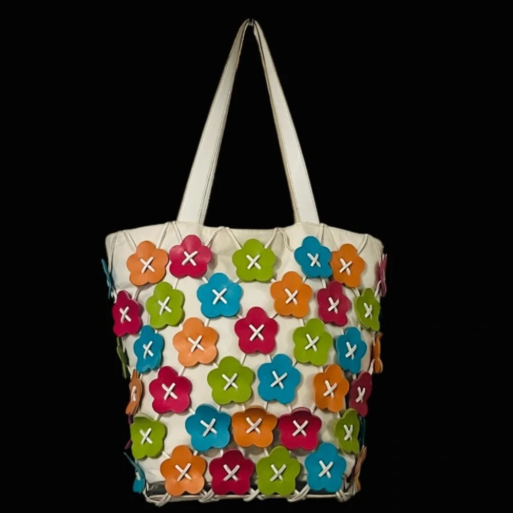 Nine West Florsl Embellished Colorful Canvas Faux Leather Tote Purse Bag - Picture 3 of 15